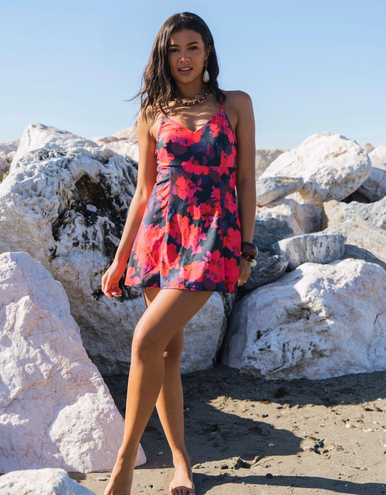 Red Floral Print Strappy Skirted Swimsuit
