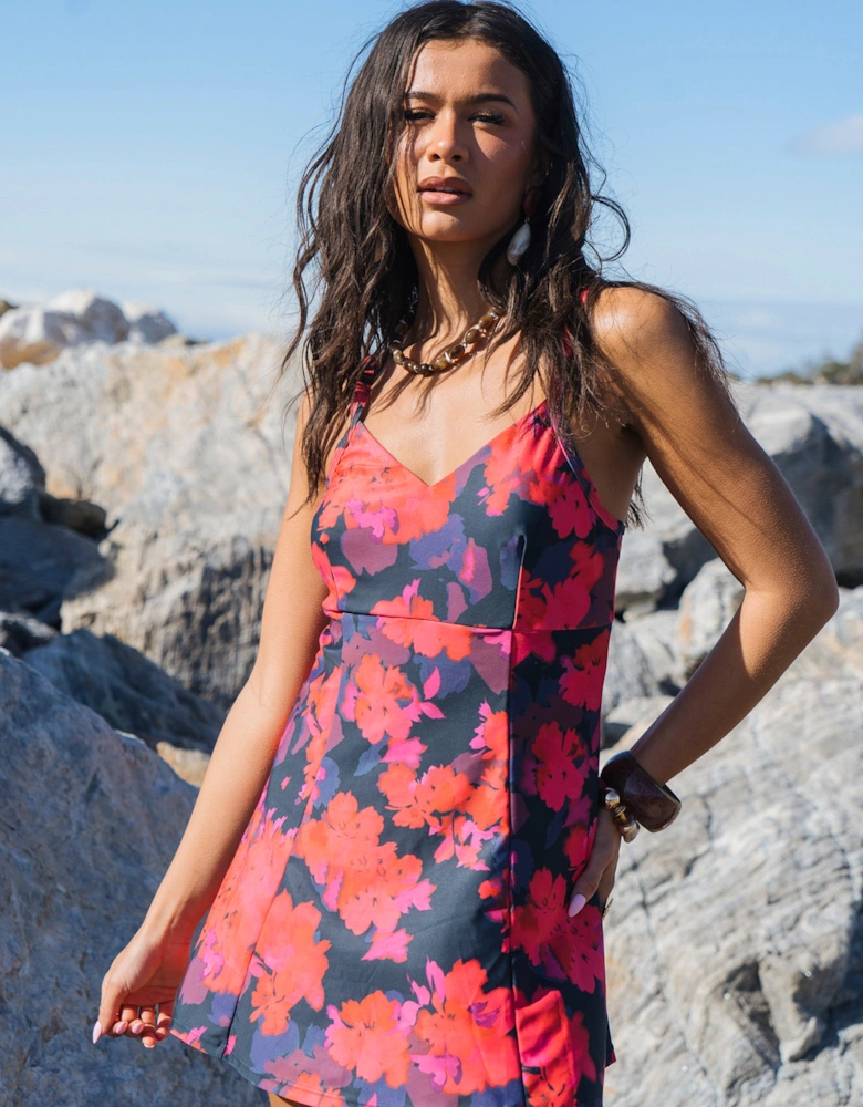 Red Floral Print Strappy Skirted Swimsuit