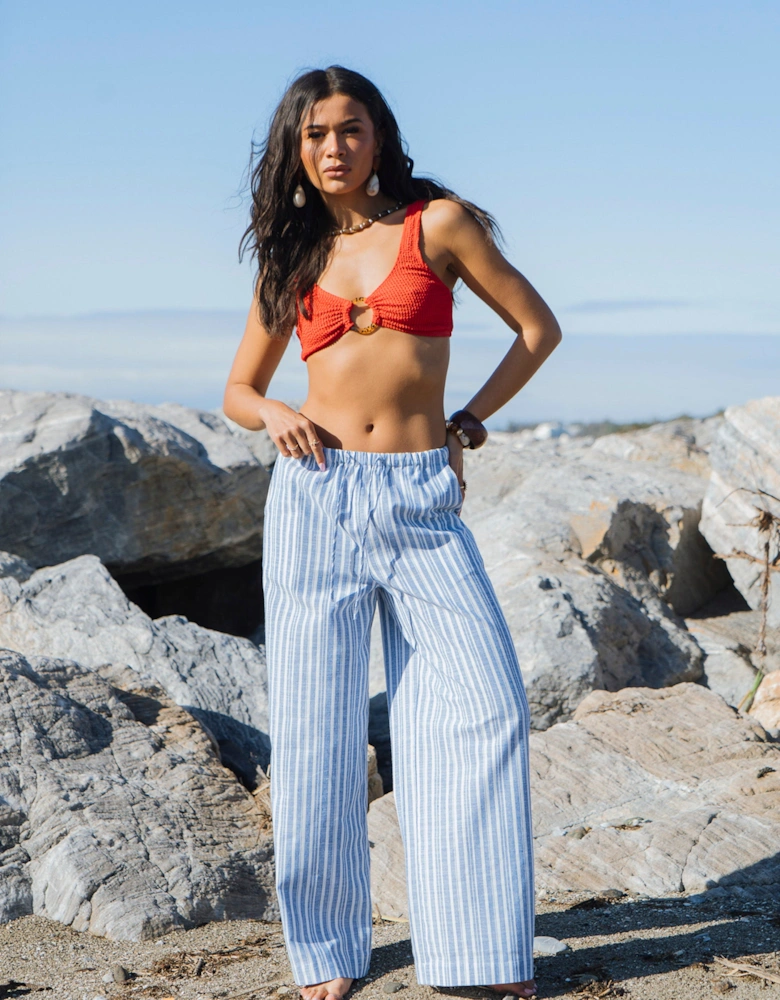 Blue Cotton and Linen Blend Stripe Trousers