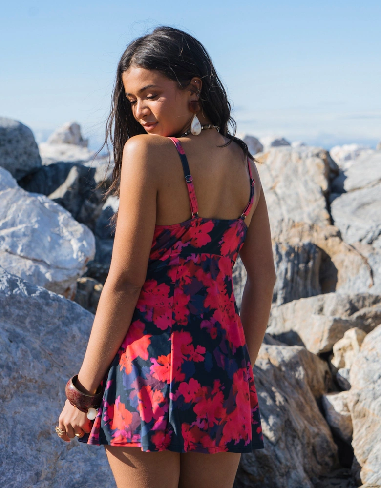 Red Floral Print Strappy Skirted Swimsuit