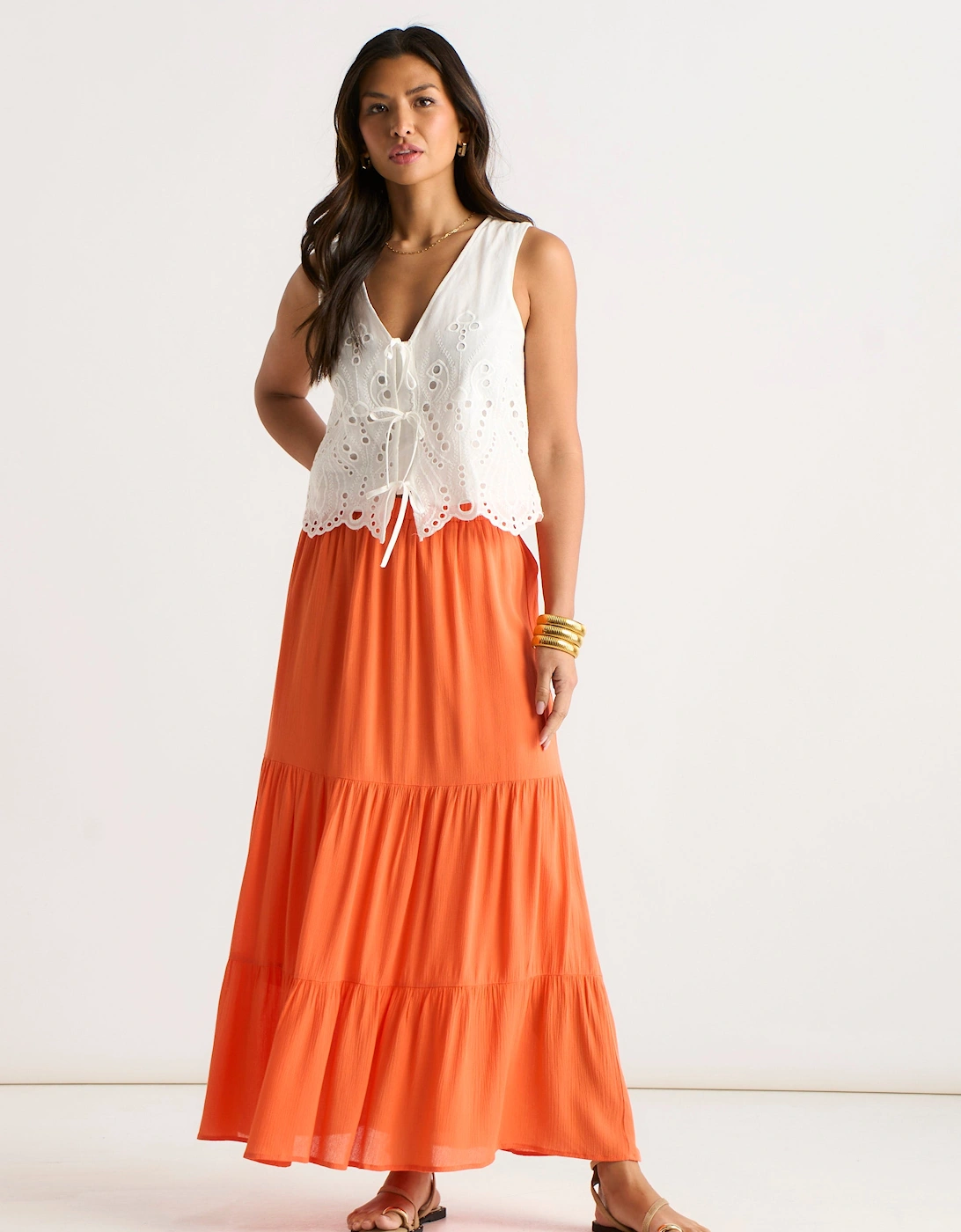 Gini London Women's Orange Viscose Tiered Skater Maxi Skirt - Size: 8
