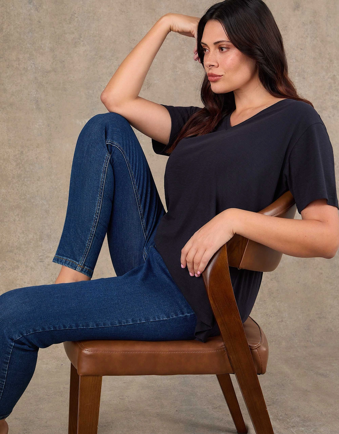 Navy Cotton Slub V Neck T-Shirt
