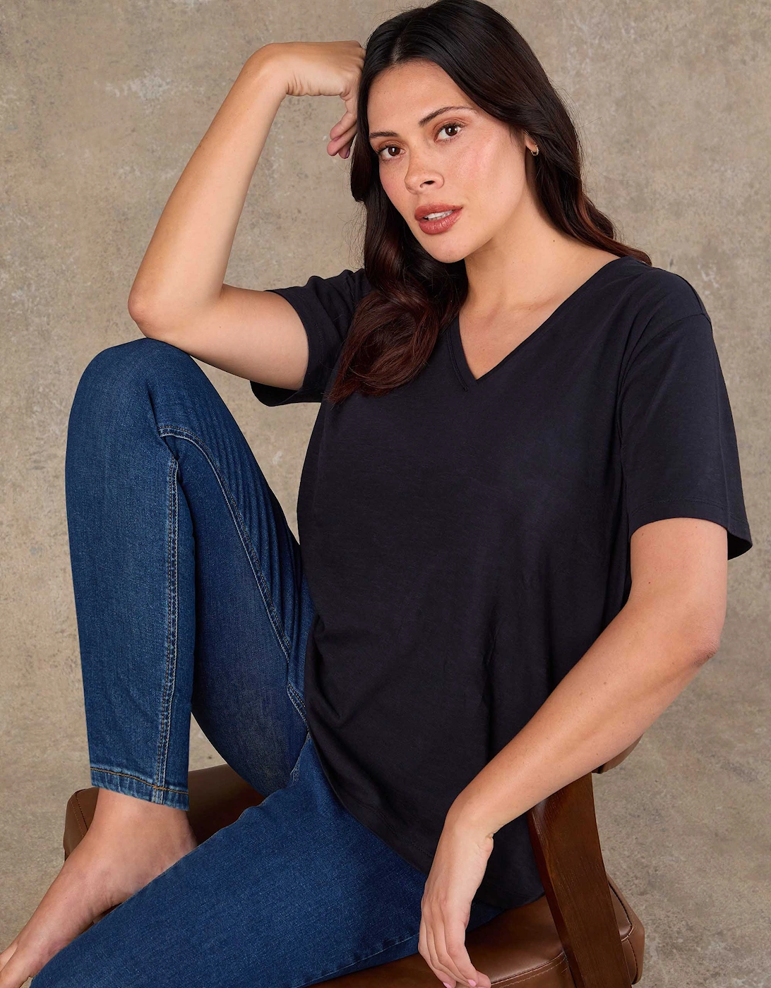 Navy Cotton Slub V Neck T-Shirt