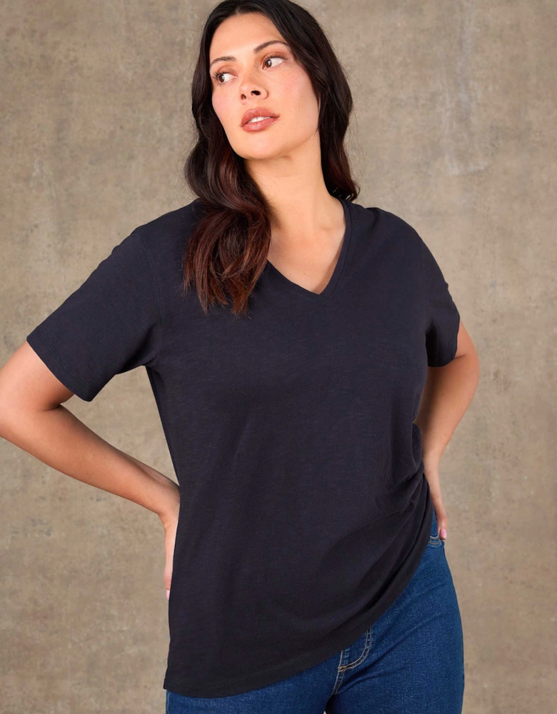 Navy Cotton Slub V Neck T-Shirt
