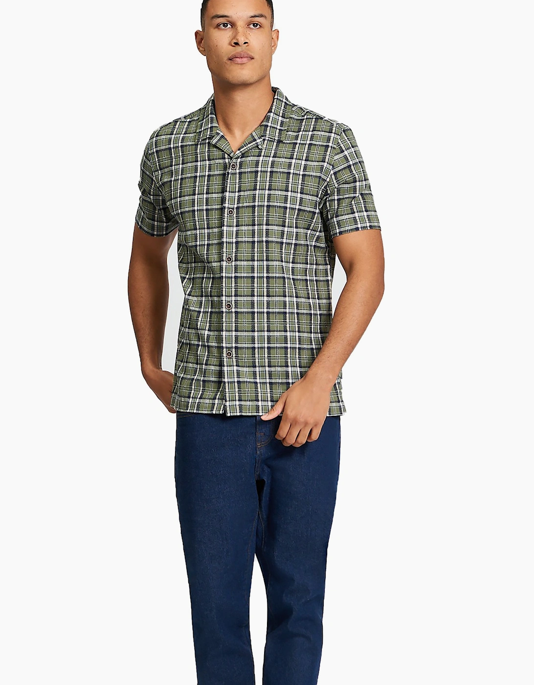 Short Sleeve Textured Check Shirt | Loden