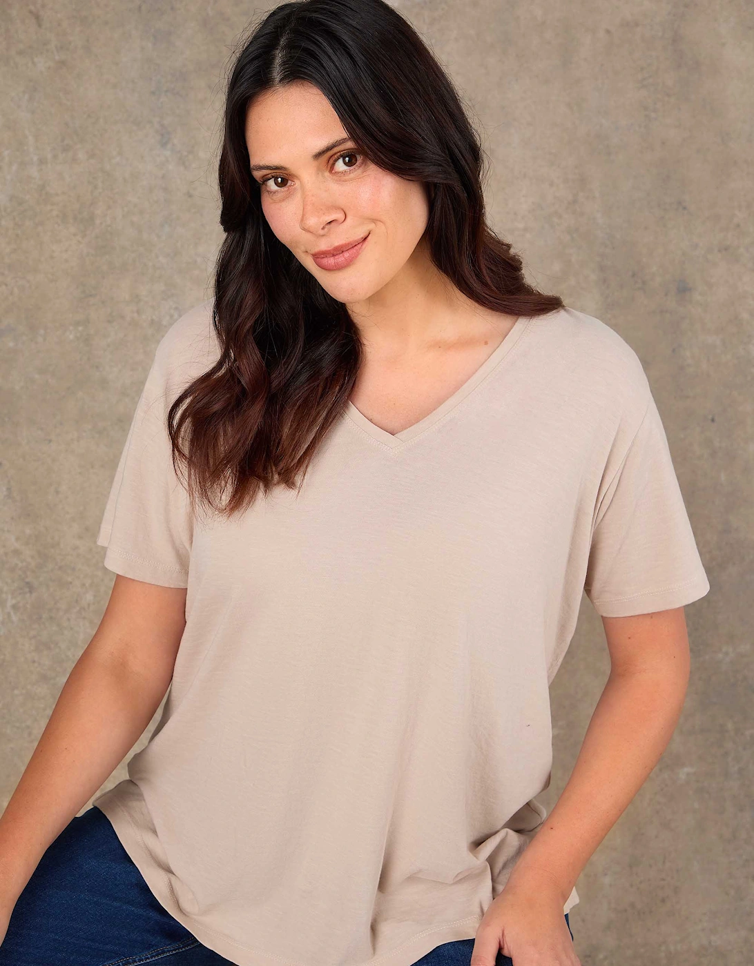 Oatmeal Cotton Slub V Neck T-Shirt