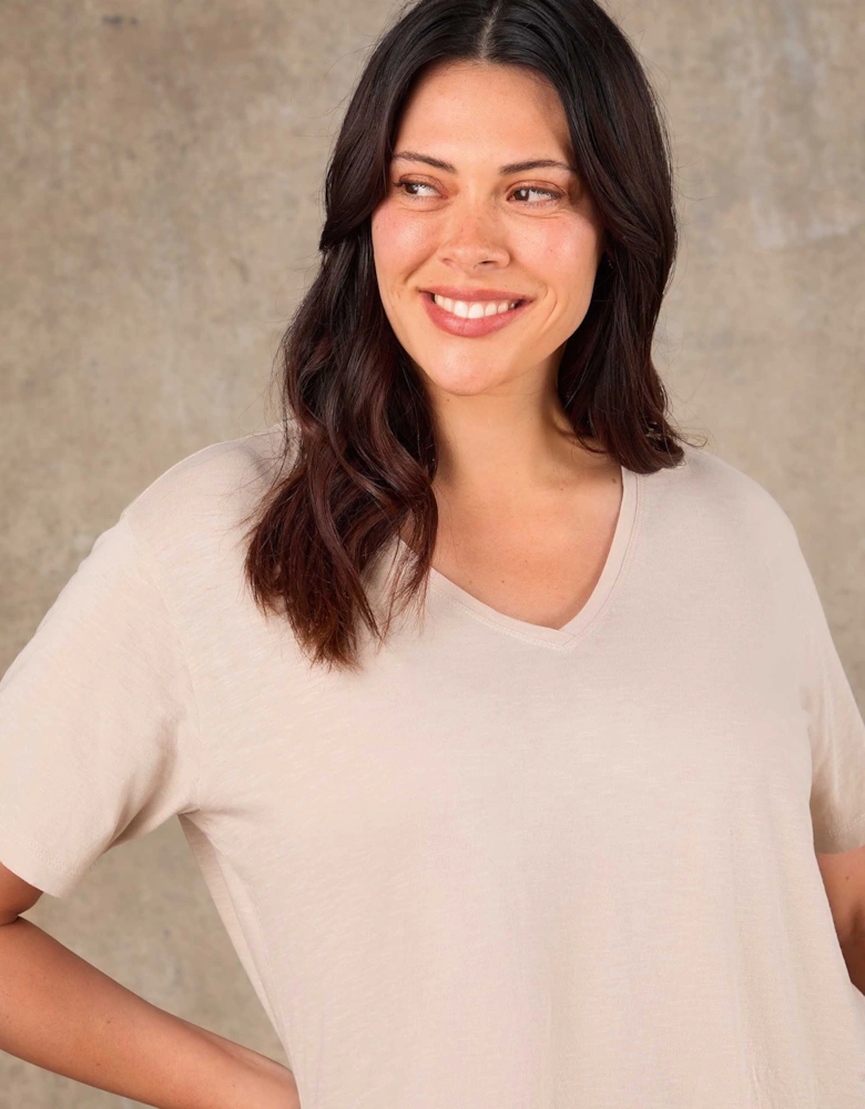 Oatmeal Cotton Slub V Neck T-Shirt