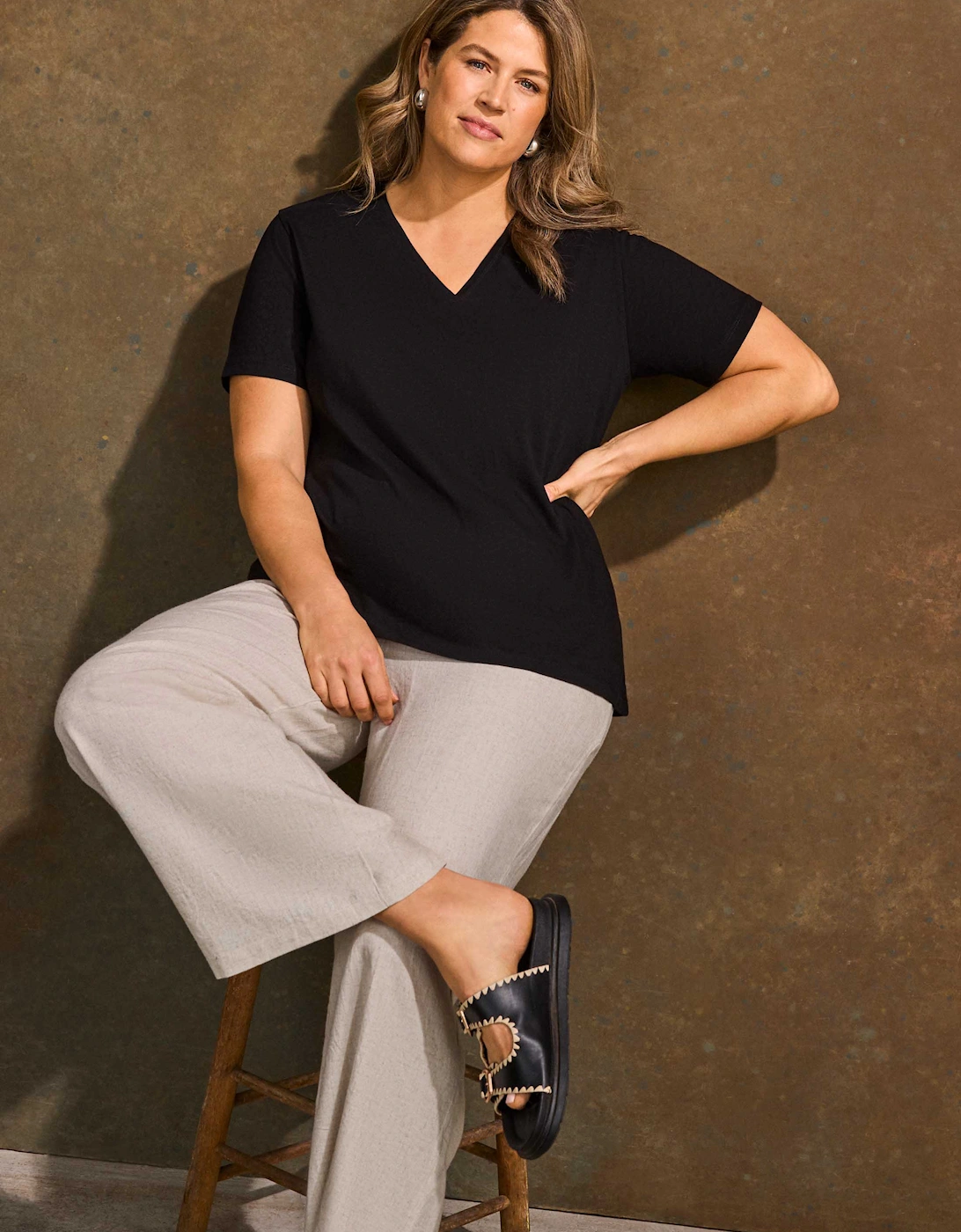 Black Cotton Slub V Neck T-Shirt