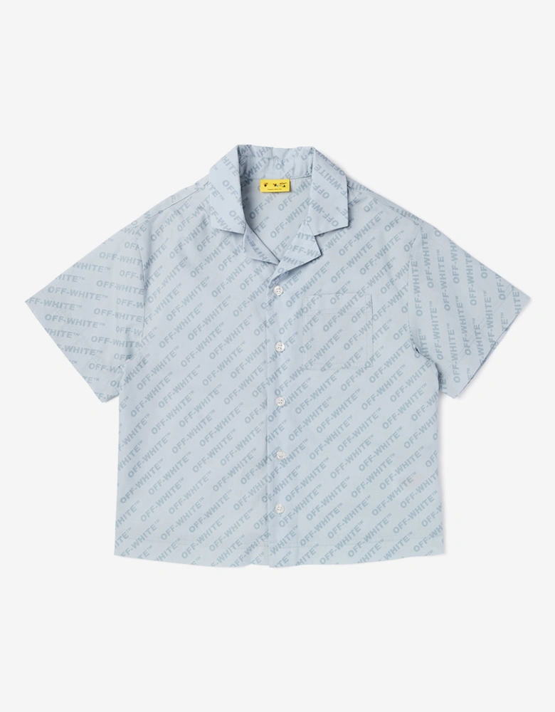 Off-White Boys Logo AOP Bowling Shirt in Blue