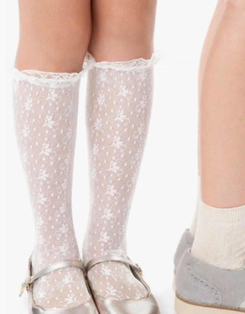 Girls White 200 Lace Knee Socks