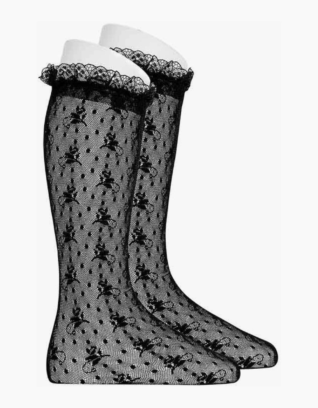 Girls Black 900 Lace Knee Socks, 2 of 1