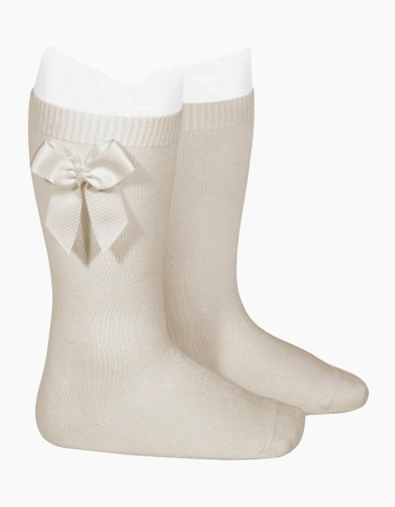 Girls Beige Linen 304 Bow Knee Socks