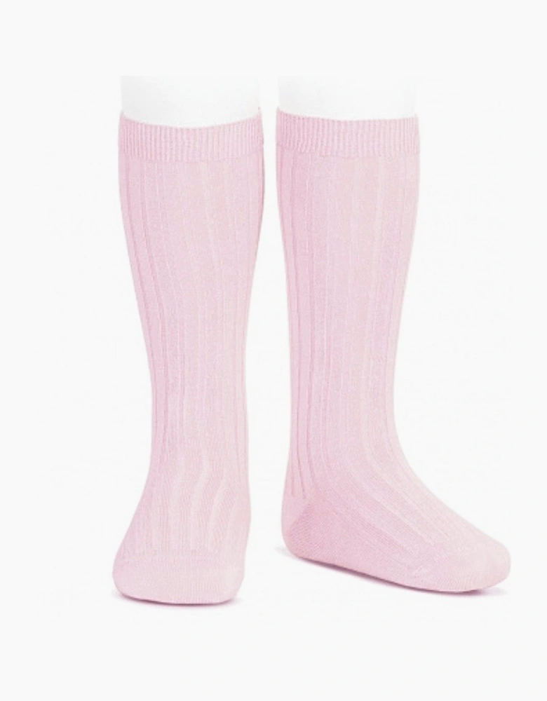 Girls Pale Pink 500 Ribbed Knee Socks