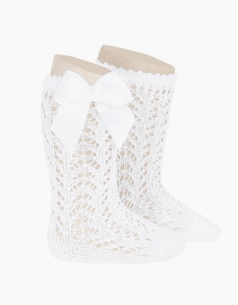 Girls White 200 Openwork Knee Socks