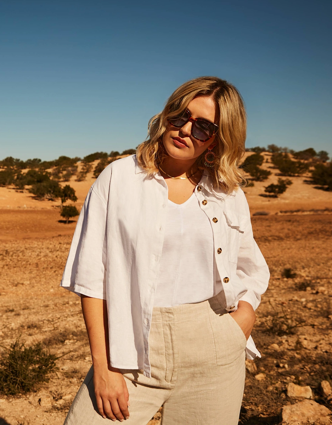 White Linen Mix Short Sleeve Shirt