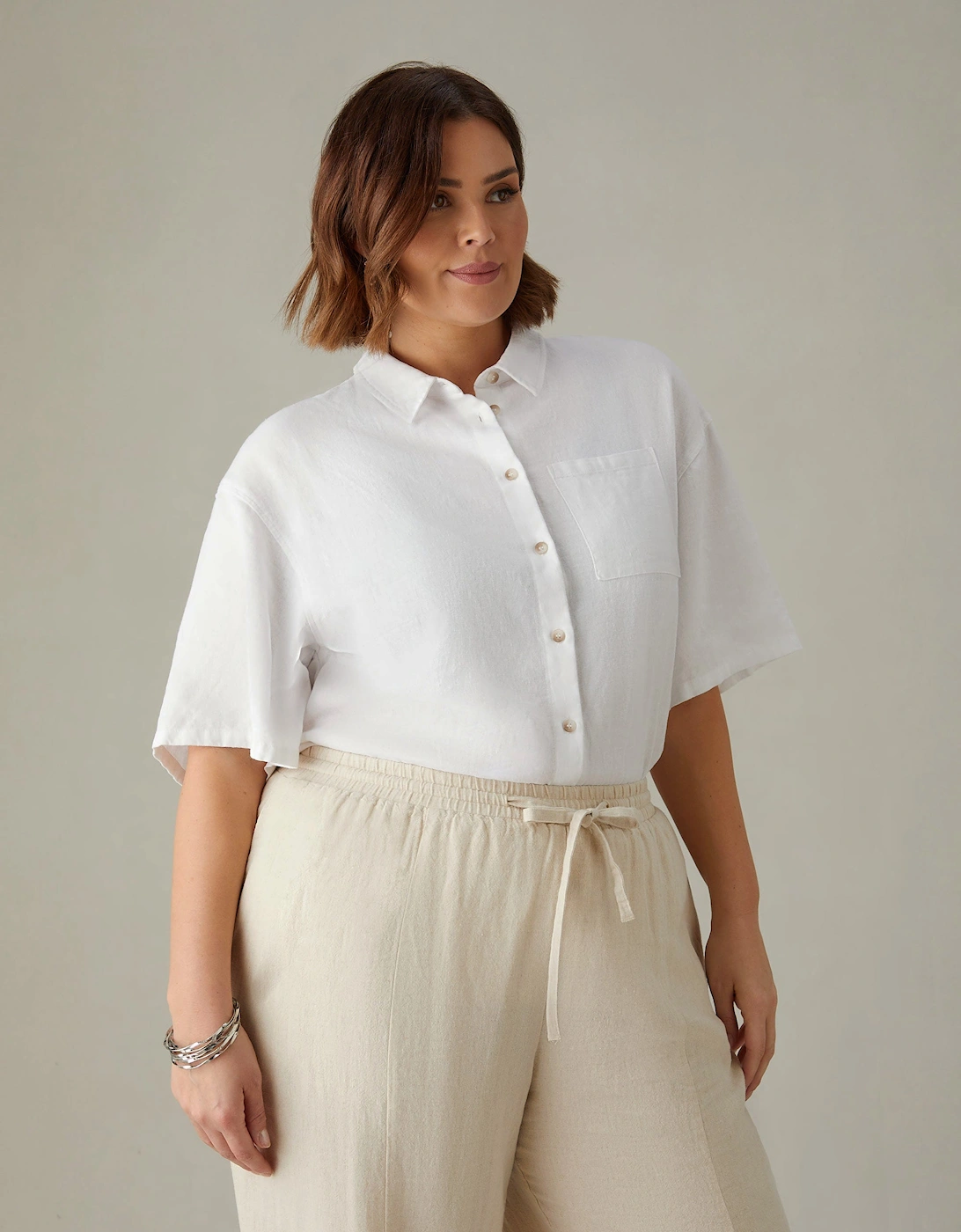 White Linen Mix Short Sleeve Shirt