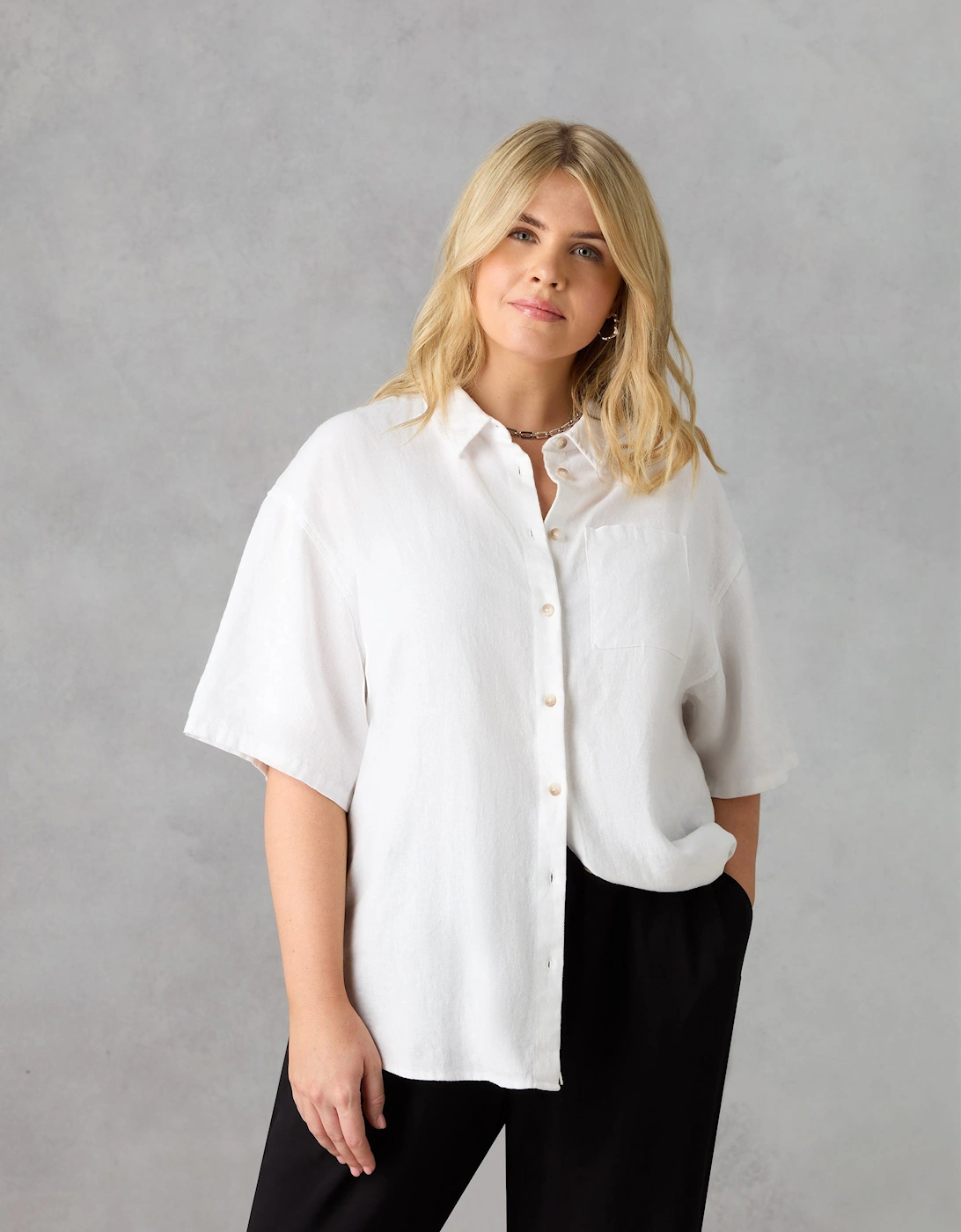 White Linen Mix Short Sleeve Shirt