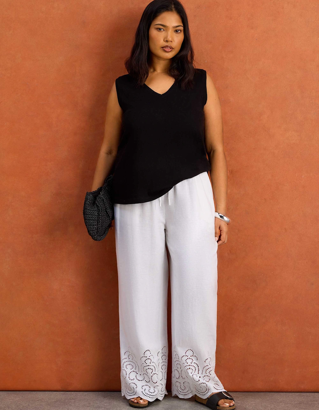 White Linen Blend Broderie Trouser
