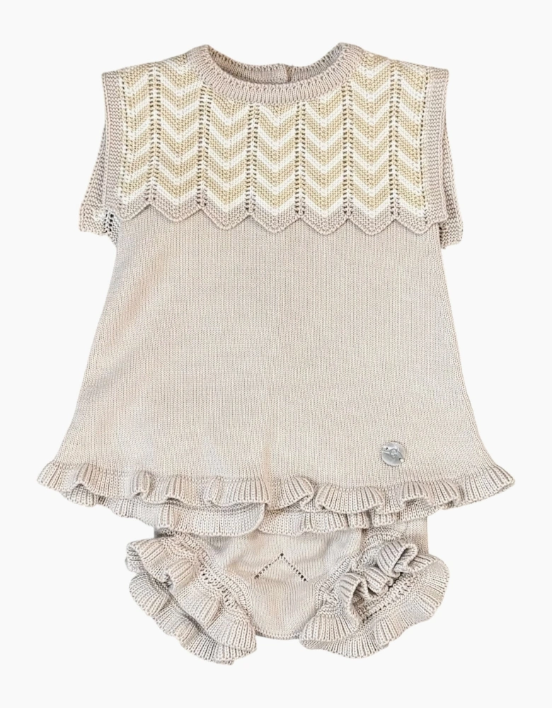 Girls Beige Stone Zig Zag Knit Dress Set