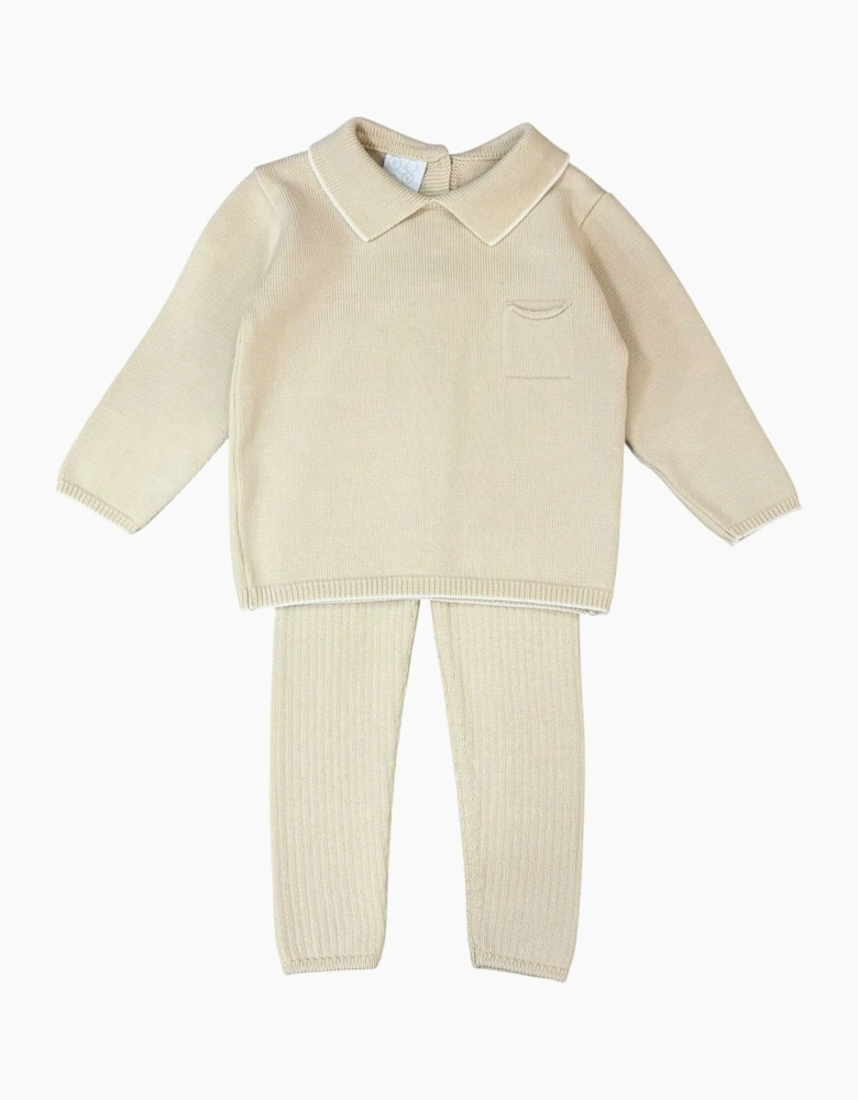 Boys Neutral Beige Knit Ribbed Trouser Set