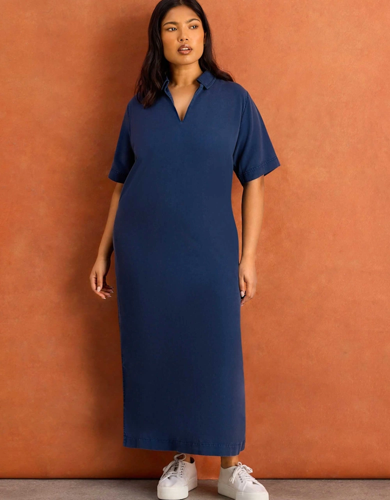 Soft Touch Denim-Style Polo Neck Midi Dress