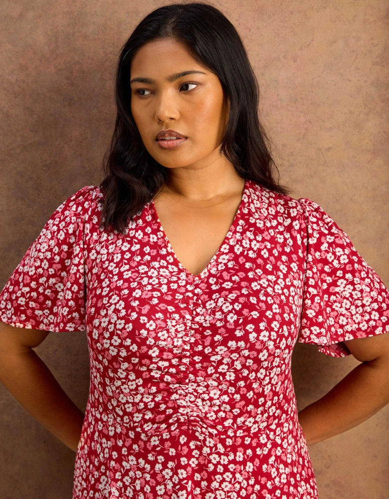 Petite Red Ditsy Print Ruched Short Sleeve Dress