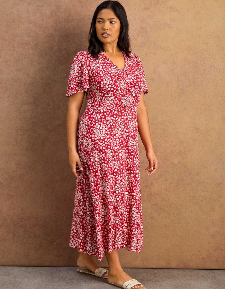 Petite Red Ditsy Print Ruched Short Sleeve Dress