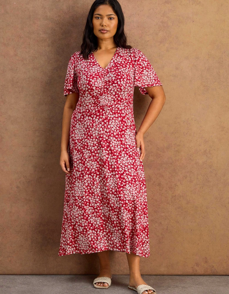 Petite Red Ditsy Print Ruched Short Sleeve Dress