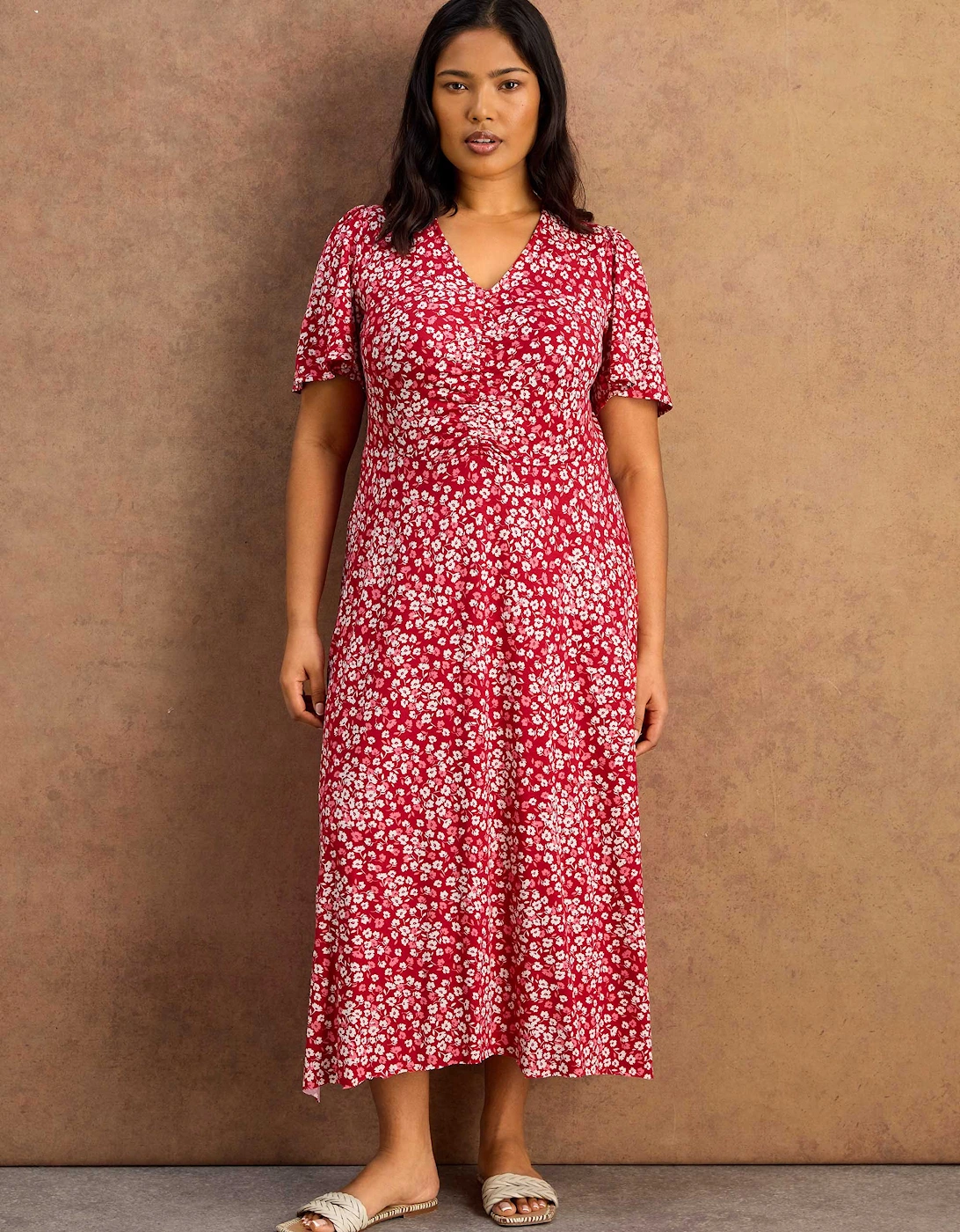 Petite Red Ditsy Print Ruched Short Sleeve Dress