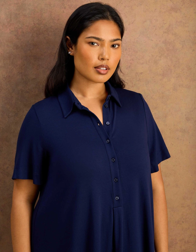 Navy Half Placket Jersey Midi Shirt Dress