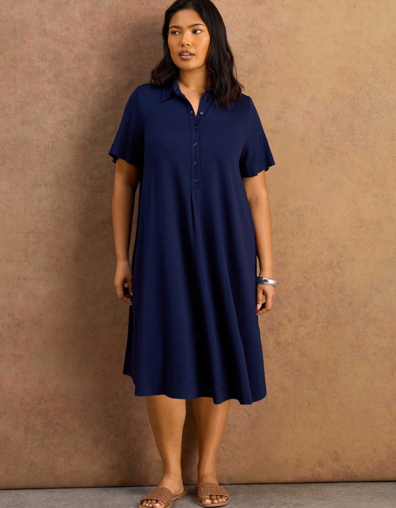 Navy Half Placket Jersey Midi Shirt Dress