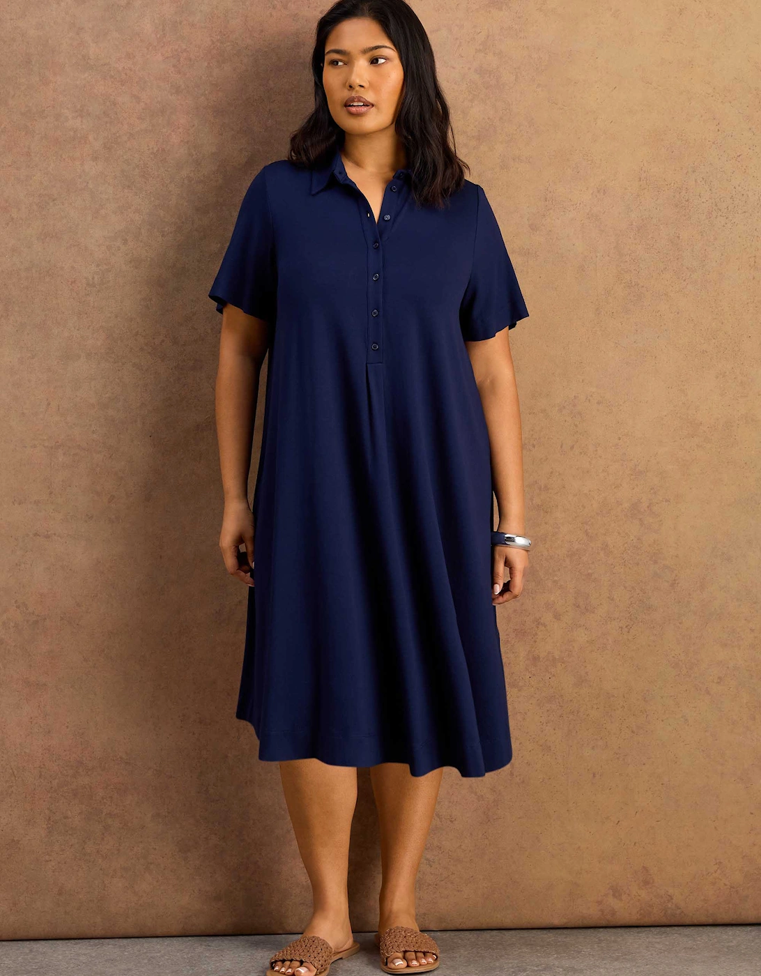 Navy Half Placket Jersey Midi Shirt Dress