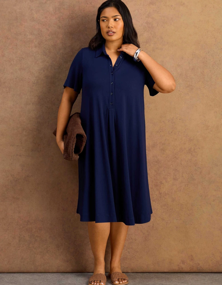 Navy Half Placket Jersey Midi Shirt Dress