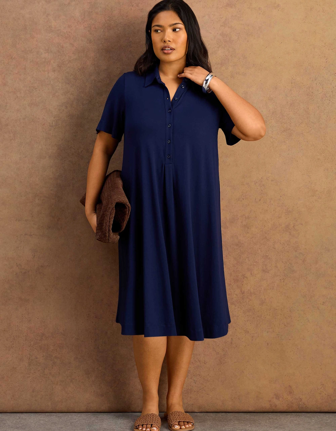 Navy Half Placket Jersey Midi Shirt Dress