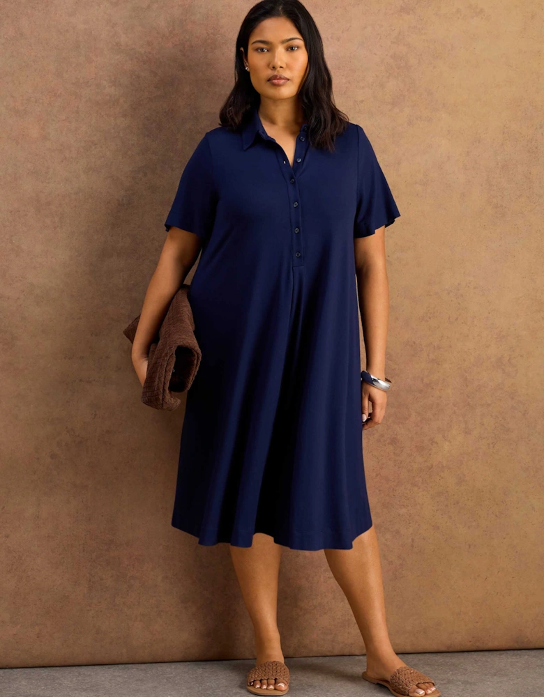 Navy Half Placket Jersey Midi Shirt Dress