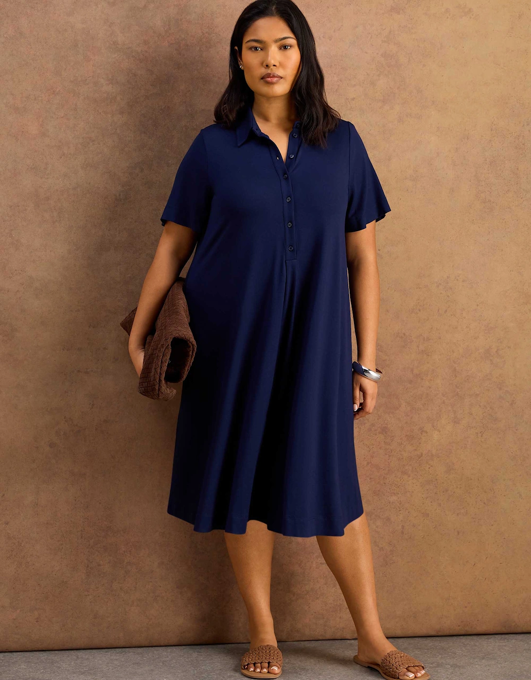 Navy Half Placket Jersey Midi Shirt Dress