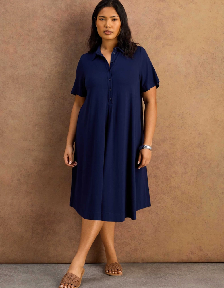 Navy Half Placket Jersey Midi Shirt Dress
