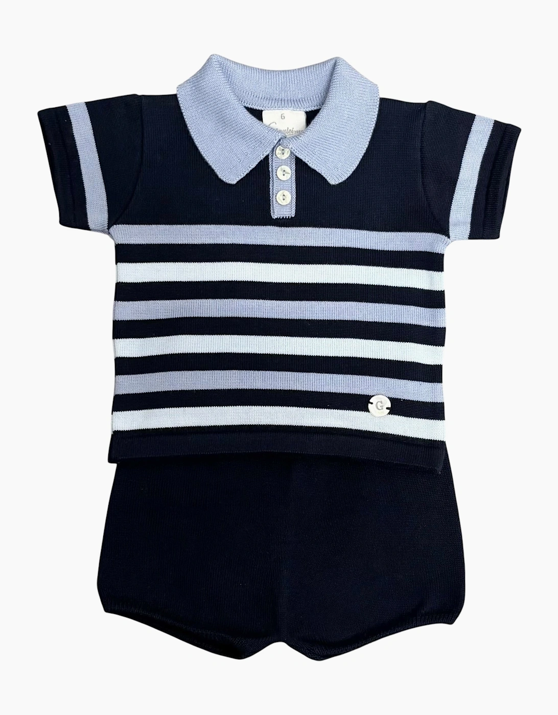 Boys Navy Blue Stripe Knit Polo Short Set, 2 of 1