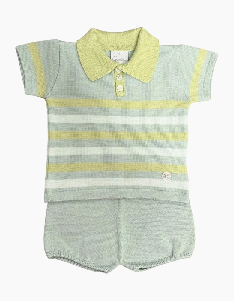 Boys Green Stripe Knit Polo Short Set
