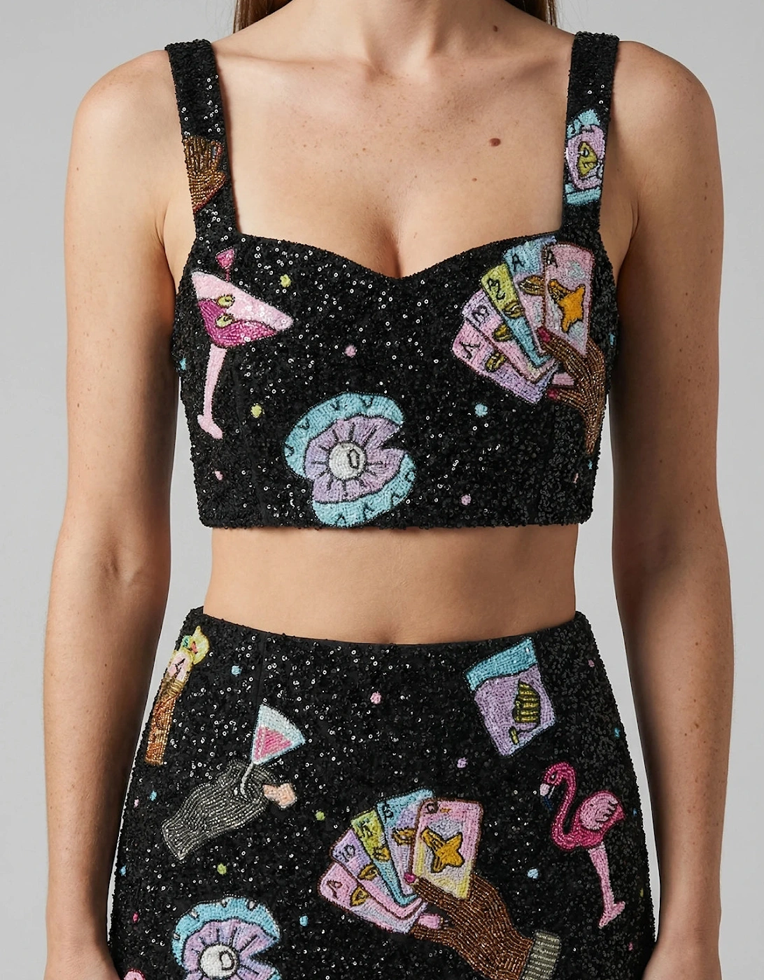 Oceanus Women's Vegas Beaded Mini Black Party Beach Co-ord Top in Stock - Size: 10/8