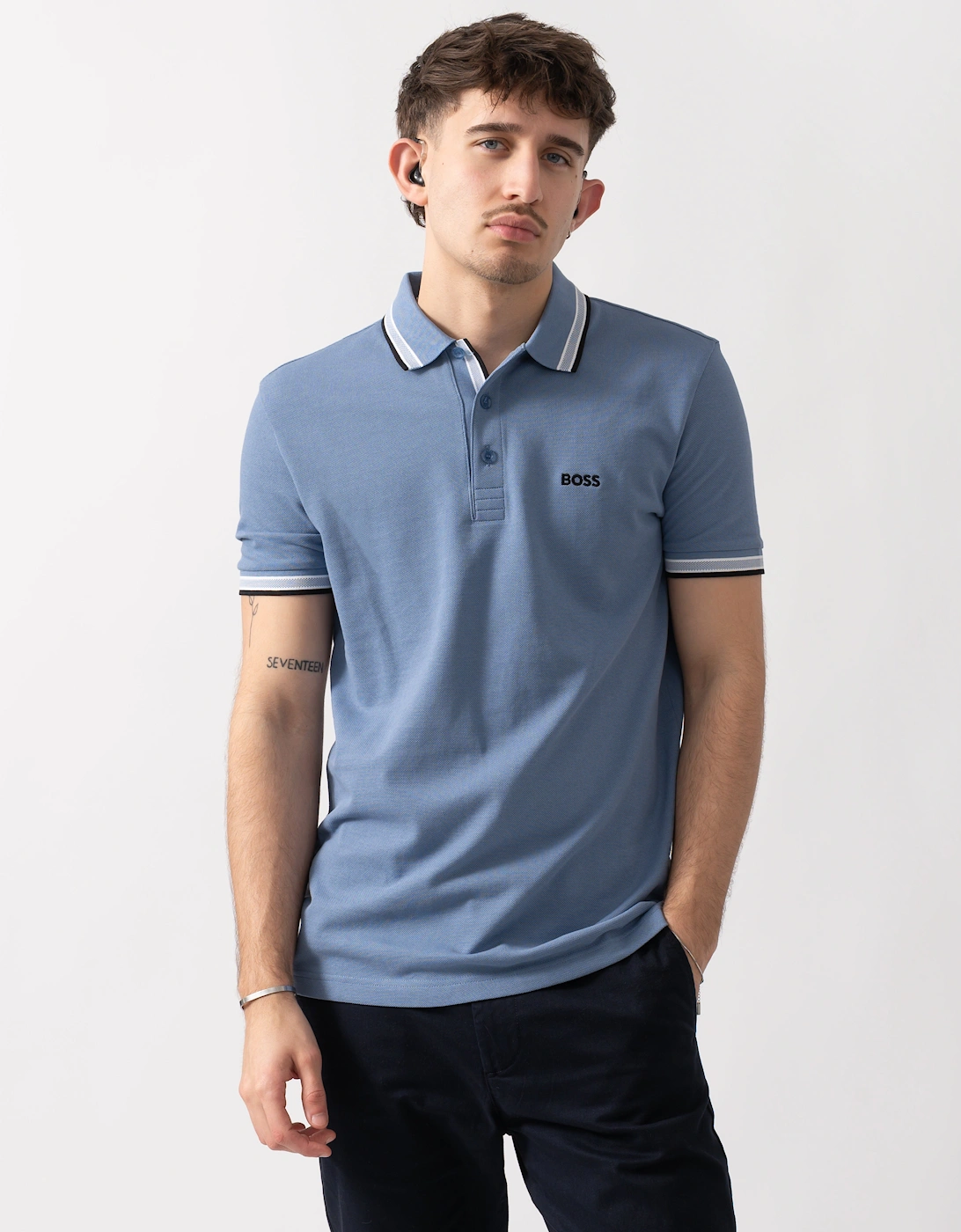 BOSS Green Paddy Mens Cotton-Piqué Polo Shirt with Contrast Logo - Open Blue 462, 5 of 4