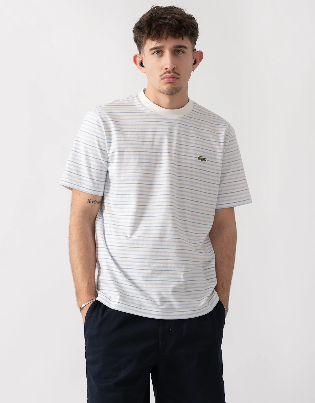 Lacoste Men's White Stripe Classic Fit T-Shirt - Phoenix Blue/Flour  44 Xxl