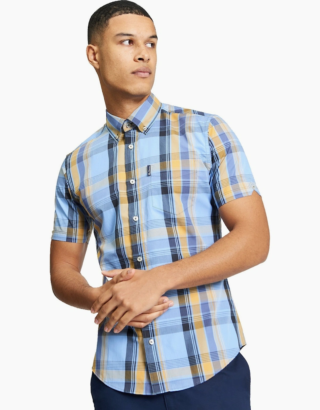 Ben Sherman Men's Blue Block Check Short Sleeve Shirt  44/Regular 2XL
