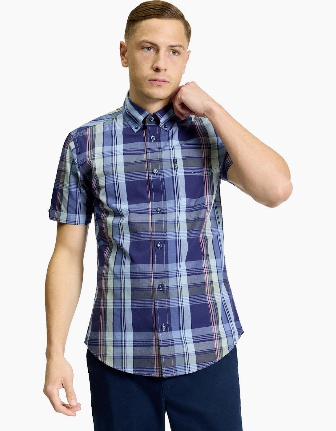 Ben Sherman Men's Twilight Denim Block Check Short Sleeve Shirt  44/Regular 2XL