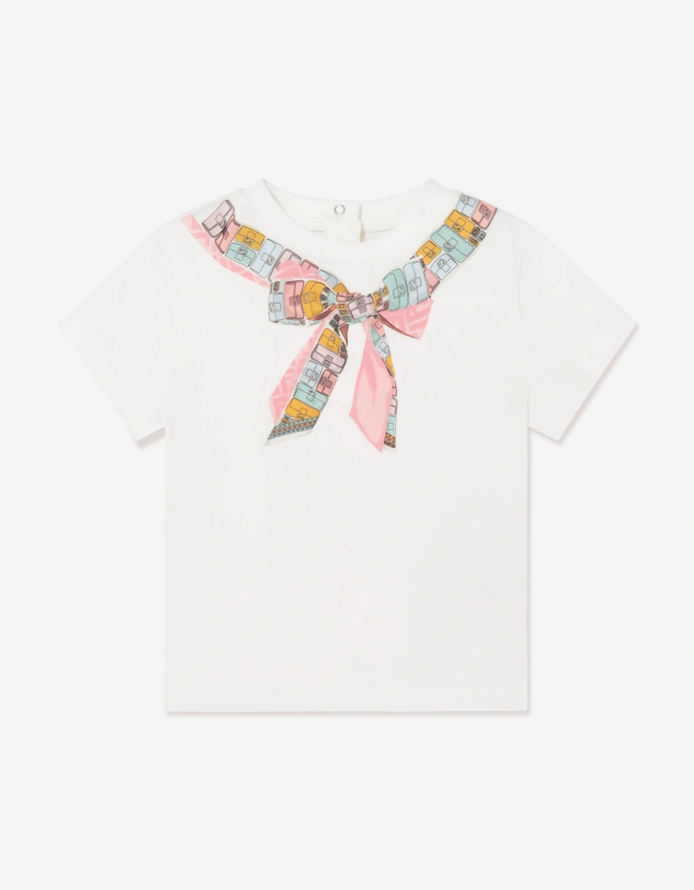 Fendi Baby Girls Trompe l'oeil Bow Print  T-Shirt in White