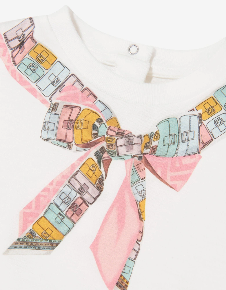 Fendi Baby Girls Trompe l'oeil Bow Print  T-Shirt in White
