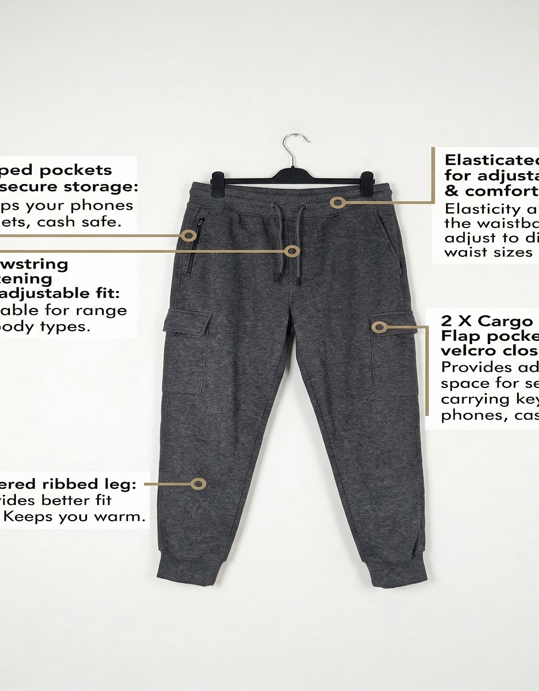 Mens Cargo Joggers Zip Pockets Fleece Gym Trousers Cotton Bottom Track Pants New