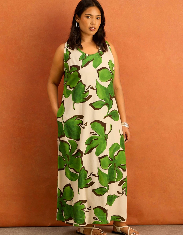Green Floral Print Scoop Neck Maxi Dress