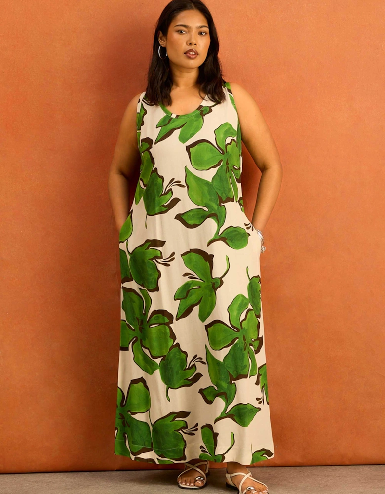 Green Floral Print Scoop Neck Maxi Dress