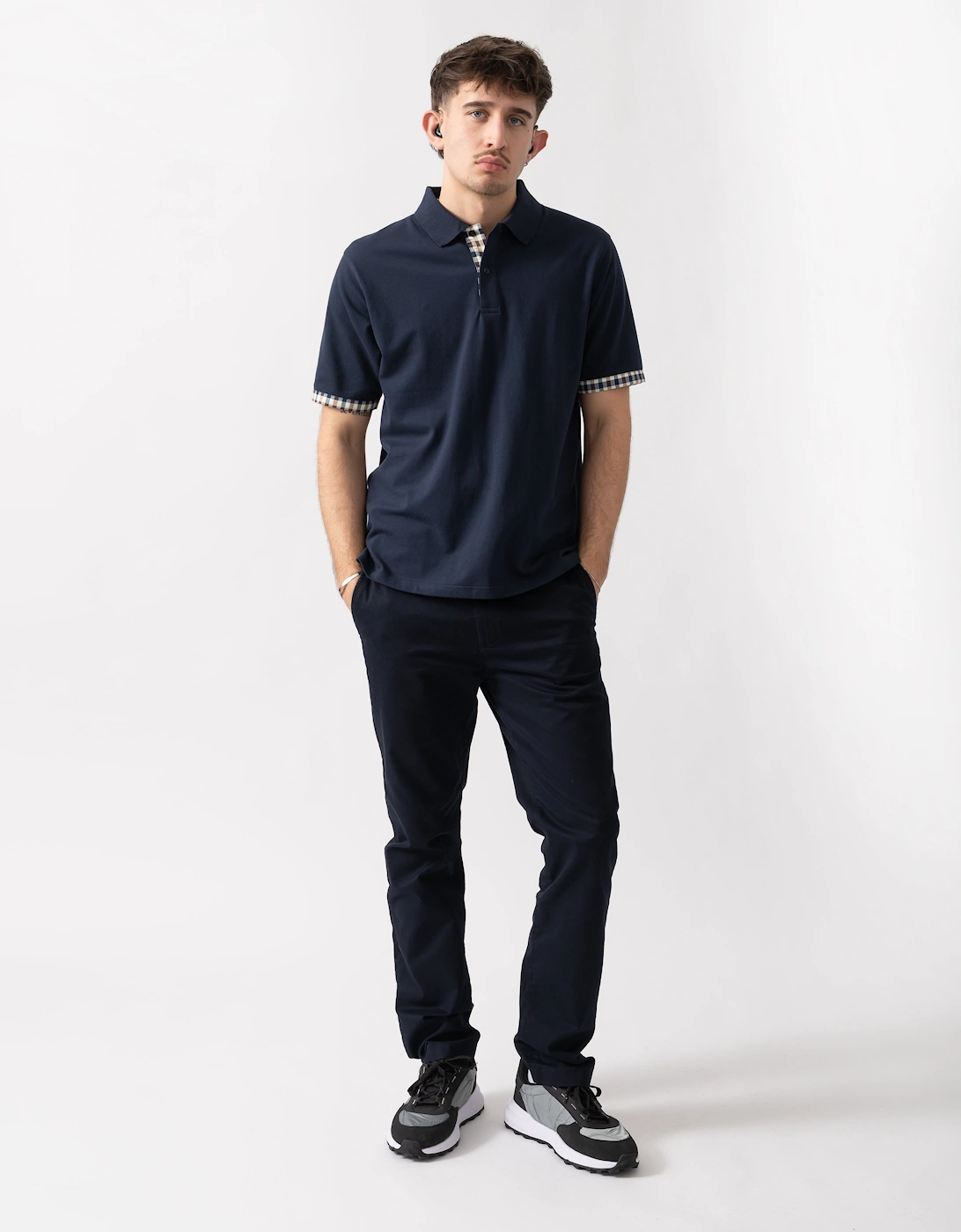 Aquascutum Mens Club Check Stretch Piquet Sleeves Polo Shirt - Navy 11